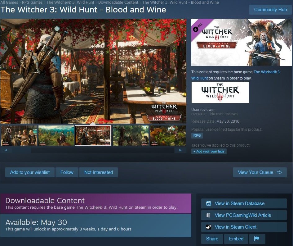 Witcher 3 Wild Hunt DLC Extension Blood Wine Date Sortie Steam