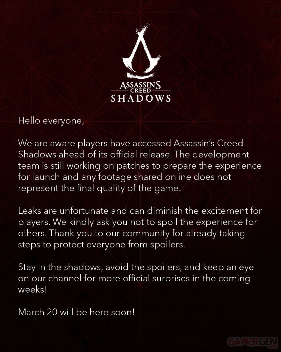 Assassin's-Creed-Shadows-fuite-leak-Ubisoft-réaction-25-02-2025