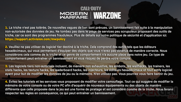 Call of Duty Modern Warfare Warzone mesures anti triche