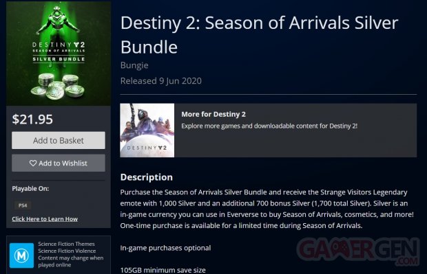 Destiny 2 Season of Arrivals PlayStation Store 08 06 2020