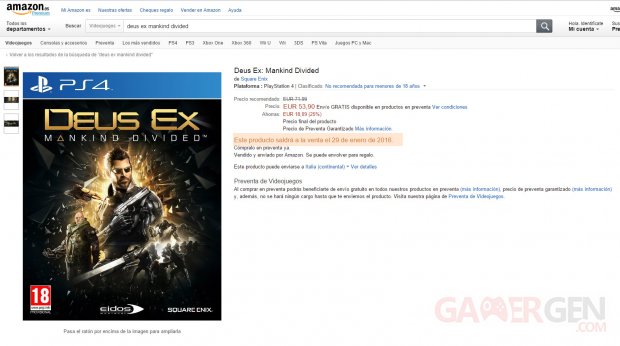Deus Ex Mankind Divided Date de Sortie Amazon Espagne