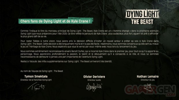 Dying Light The Beast communiqué doublage français 24 05 2025
