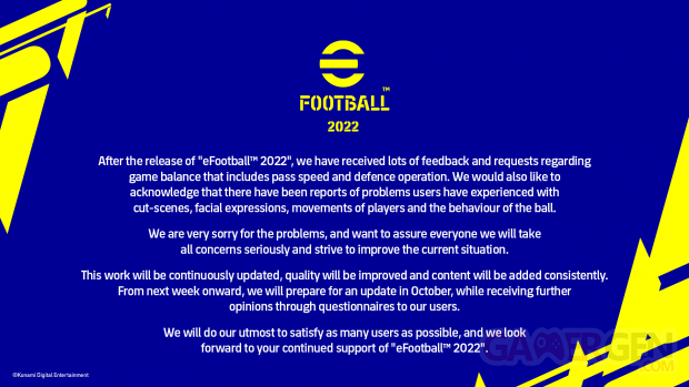 eFootball 2022 lancement excuses Konami