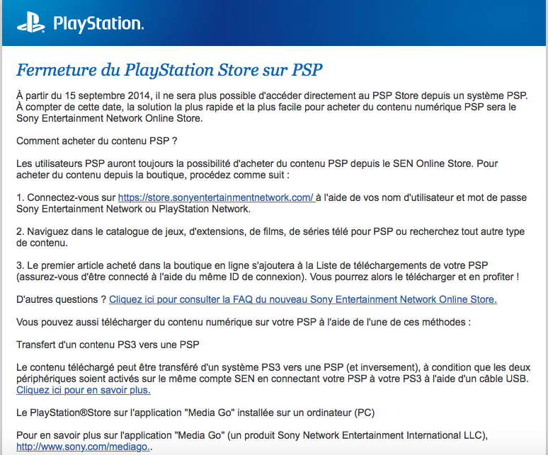 Email fermeture PSN PSP