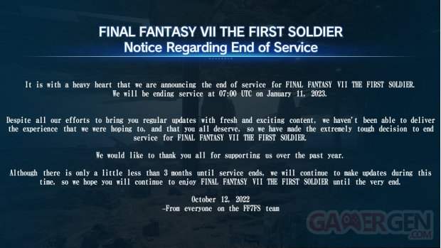 Final Fantasy VII The First Soldier 12 10 2022 date fin service