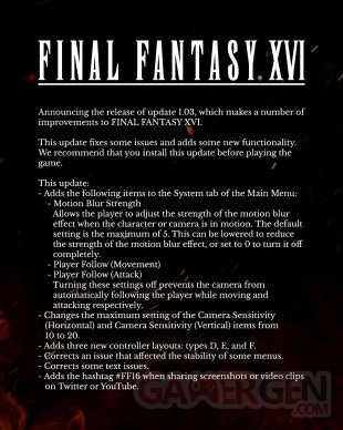 Final Fantasy XVI patch mise jour 1 03