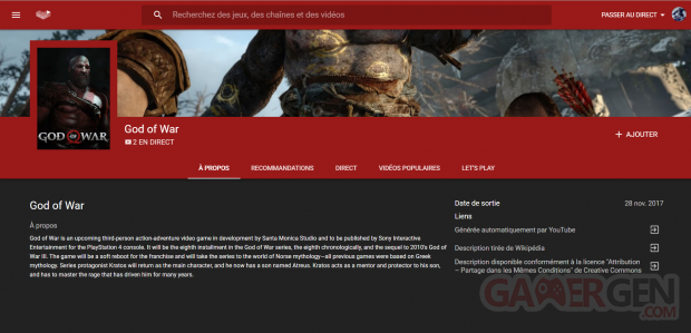 God of War YouTube Gaming date sortie