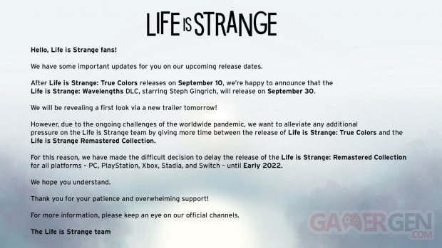 Life is Strange Remastered Collection date sortie report