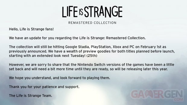 Life is Stranger Remastered Collection date sortie Switch report