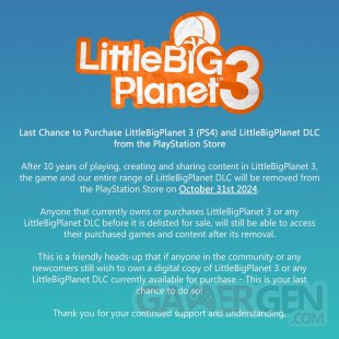 LittleBigPlanet 3 retrait PlayStation Store DLC 08 10 2024