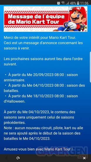 Mario Kart Tour message développeurs 11 09 2023