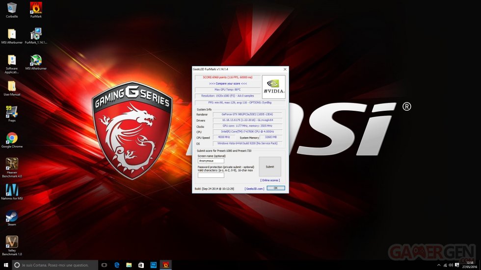 MSI Vortex G65 Test Avis Review Benchmark  FurMark