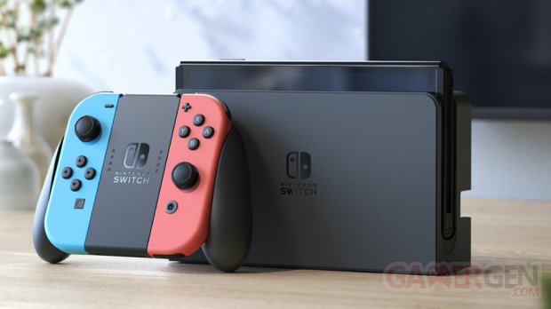 Nintendo Switch modèle OLED 06 7 2021 console hardware bleu rouge néon