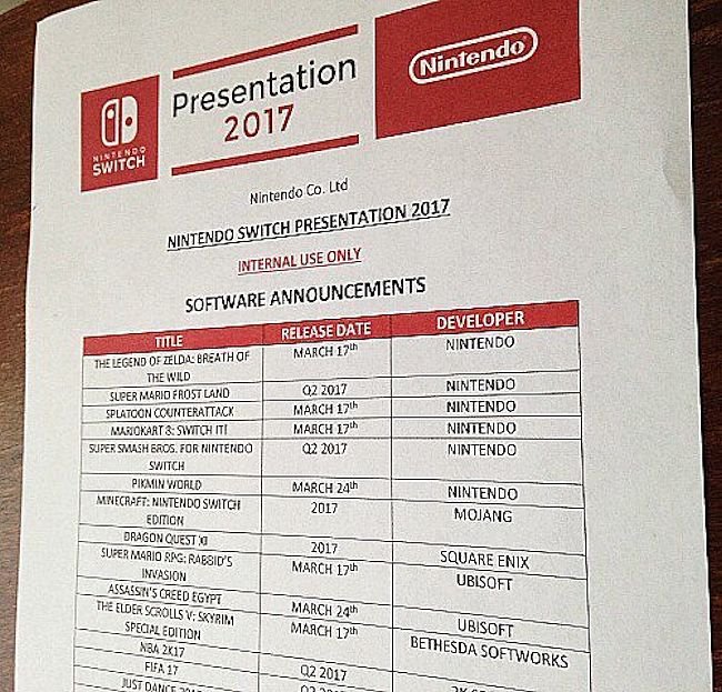 Nintendo Switch Rumeur liste jeux
