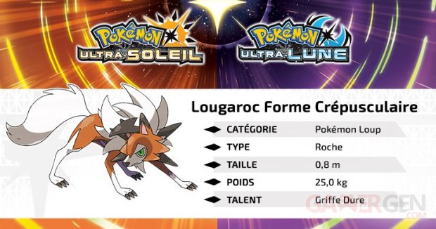 Pokémon Ultra Soleil Ultra Lune Lougaroc forme crépusculaire description 11 08 2017