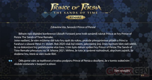 Prince of Persia Les Sables du Temps Remake date sortie report Ubisoft Tchèque