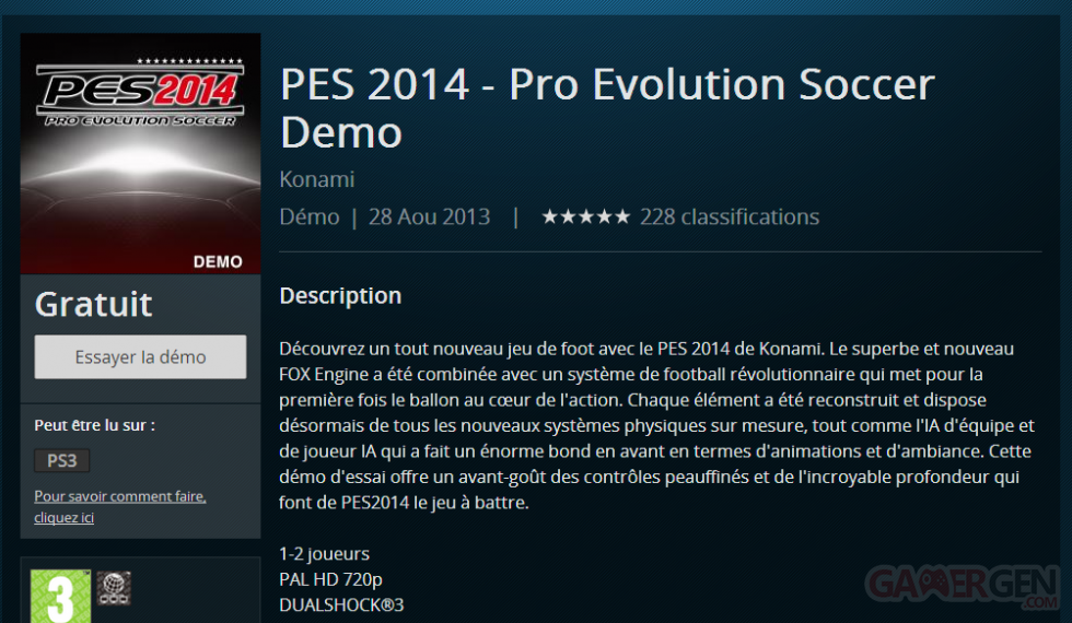 Pro Evolution Soccer PES 2014 Demo PSN en avance PC