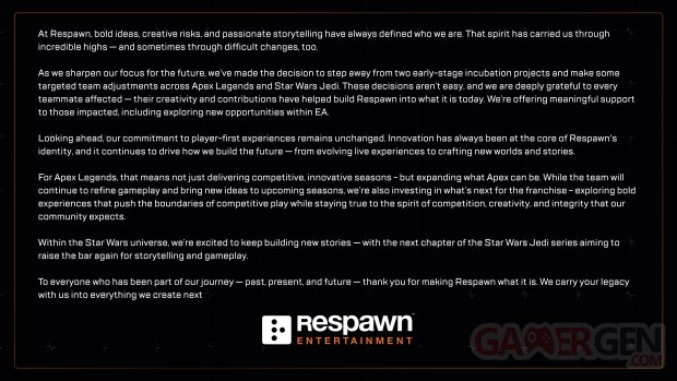 Respawn Entertainment communiqué Star Wars Jedi Apex Legends 29 04 2025