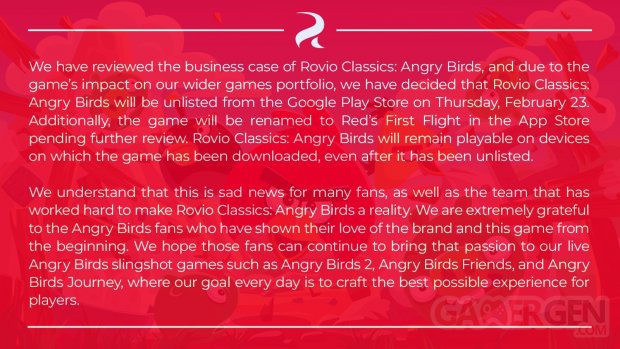 Rovio Classics Angry Birds delisted