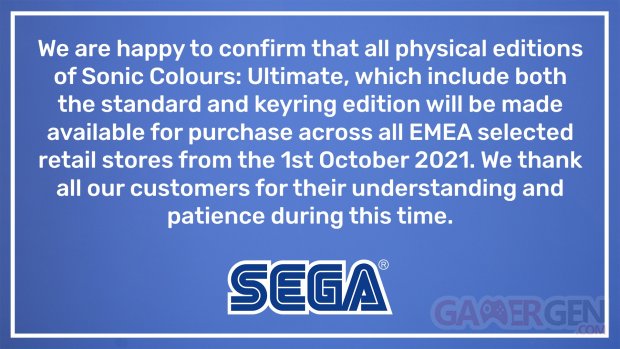 SEGA Sonic Colours Ultimate Europe physique sortie