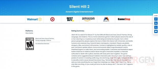Silent Hill 2 Remake Xbox Series XS ESRB