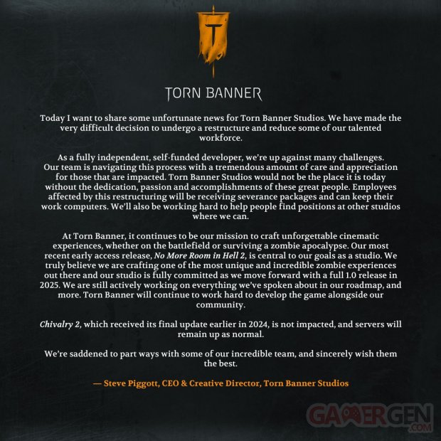 Torn Banner Studios Restructuration Licenciements Communiqué 12 24