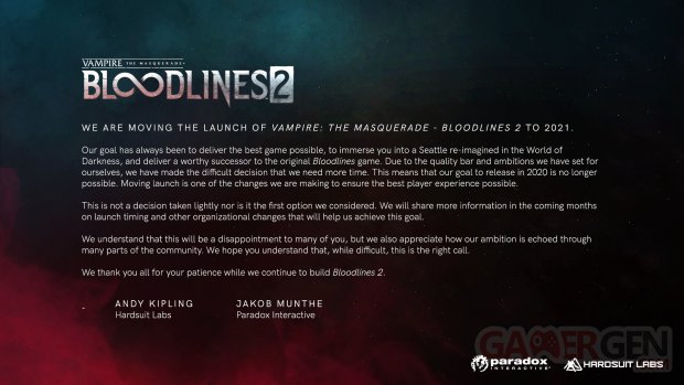 Vampire The Masquerade Bloodlines 2 report date sortie