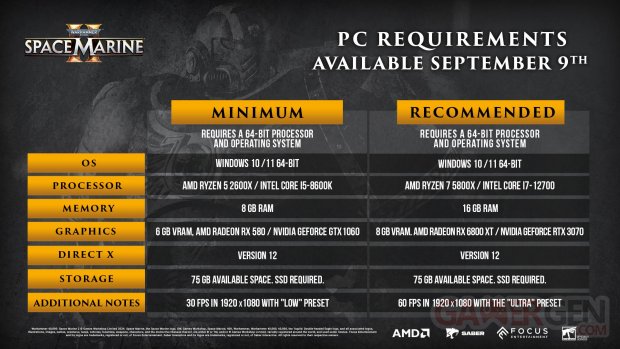 Warhammer 40,000 Space Marine 2 Configurations PC Minimale Recommandée.